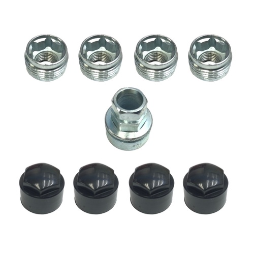 COMMODORE VE VF GMH STYLE TAPERED SEAT NEW LOCK NUT SET 14 X 1.5 BLACK CAPS