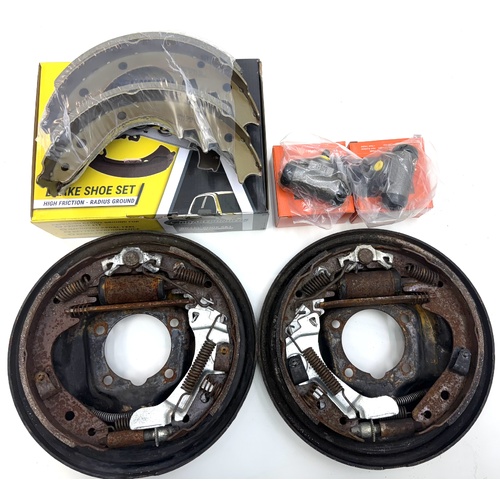 HOLDEN TORANA LH LX EARLY UC USED REAR DRUM BRAKE BACKING PLATES WITH NEW SHOES AND CYLINDERS